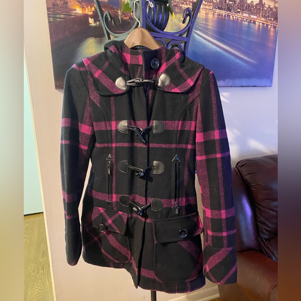 Steve Madden Black and Pink Plaid Pea Coat SIZE XS